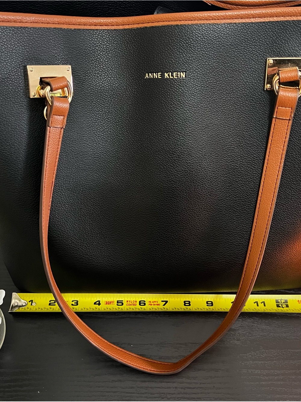 Anne Klein Black Tote with Brown Trim and Gold Hardware - Picture 4 of 6